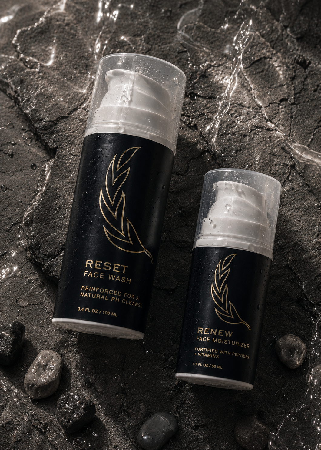 Reset face wash and Renew moisturizer on wet stone
