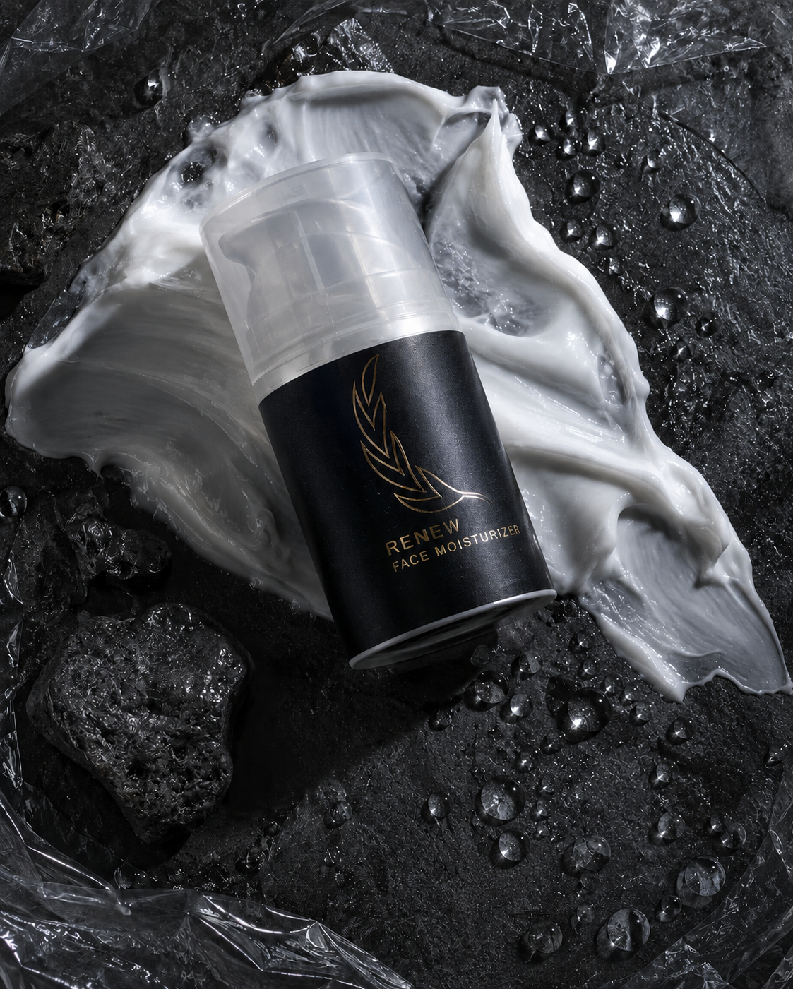 Renew face moisturizer surrounded by rich cream and water